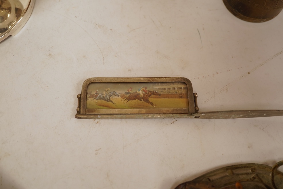 A novelty horse-related cruet stand, a pair of silver mounted horn beakers and three other items